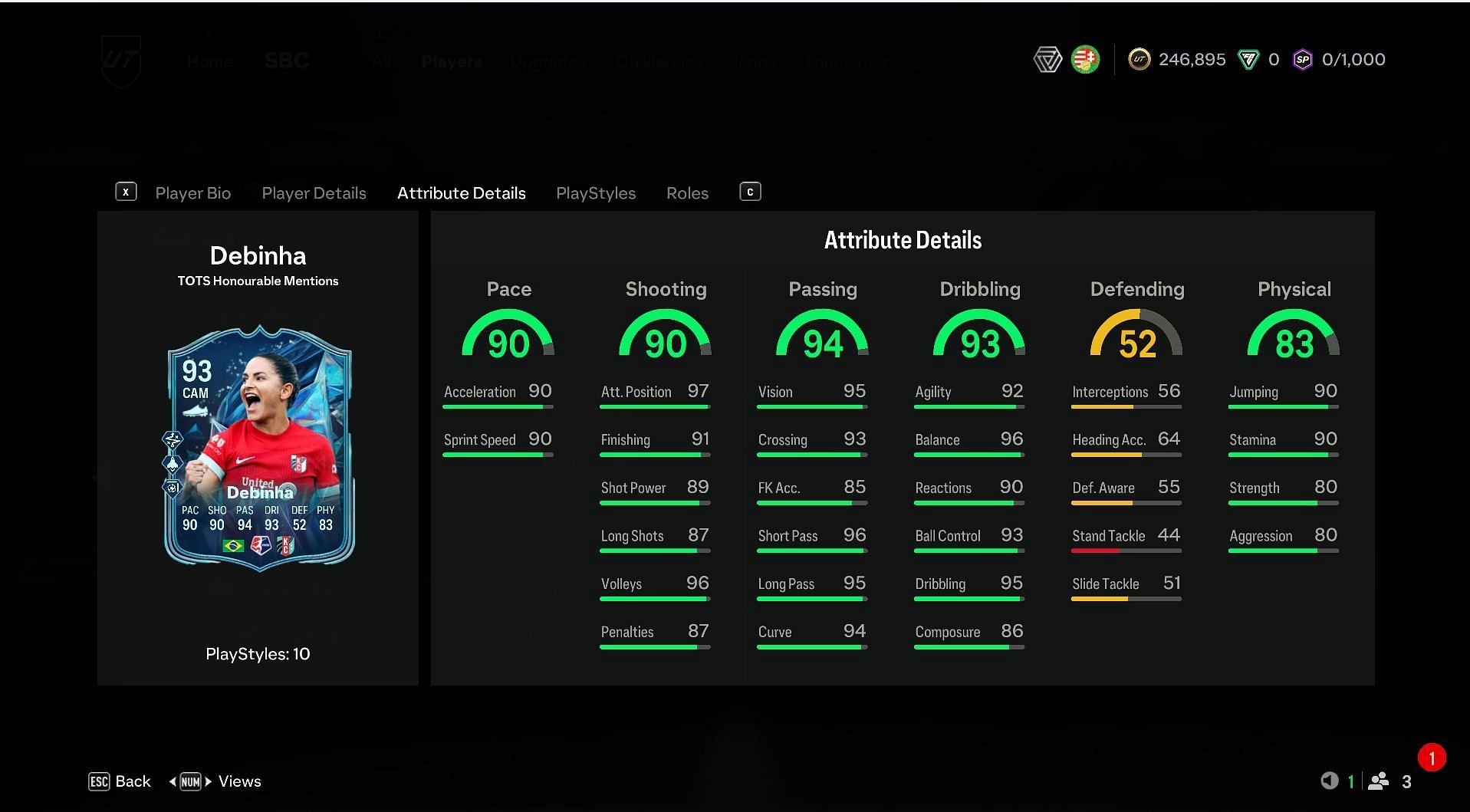 Debinha TOTS SBC card attributes (Image via EA Sports)
